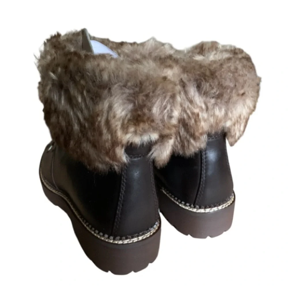 LANDSEND Women’s Leather Faux Fur Cuff Booties, Side Zip